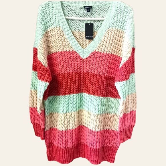 TORRID Plus Size multi- color striped V- neck cozy pullover sweater 1X-2X - Picture 2 of 14